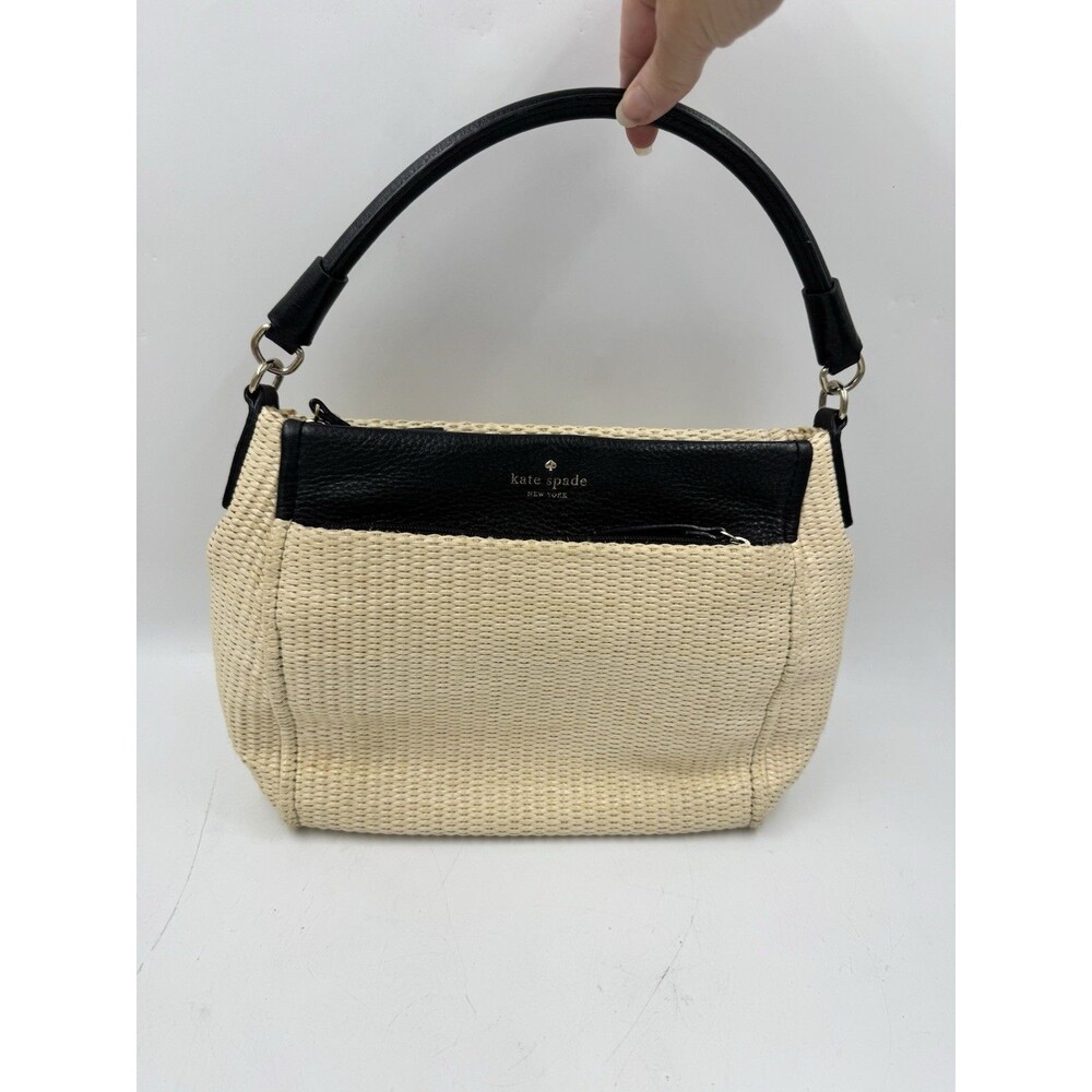 KATE SPADE Cobble Hill Little Minka Cream Straw Black Leather Handbag NO STRAP